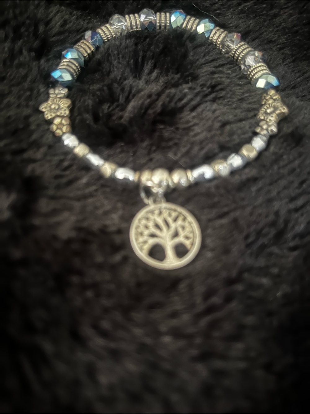 Silver Tree of Life Stretch Bracelet with Iridescent Beads